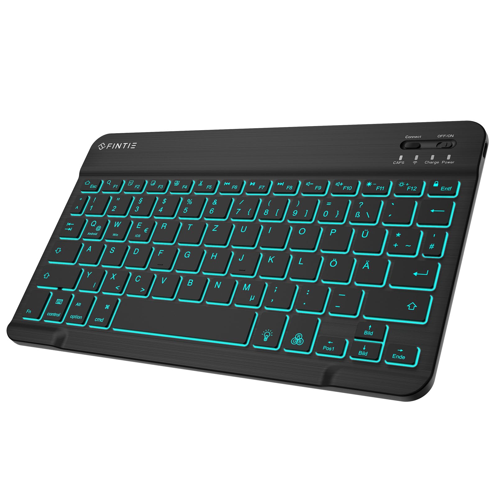 FINTIE Bluetooth Tastatur mit Hintergrundbeleuchtung in 7 Farben, Tablet Tastatur mit deutschem Layout QWERTZ für iPad/iPhone, Samsung/Xiaomi/Honor Pad (Kompatibel mit Windows, Android, IOS), Schwarz