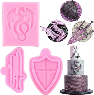 Dragon Silicone Fondant Molds Swords Shield Battle Fondant Mold For Cake Decoration Cupcake Topper Polymer Clay Gum Paste Set Of 3