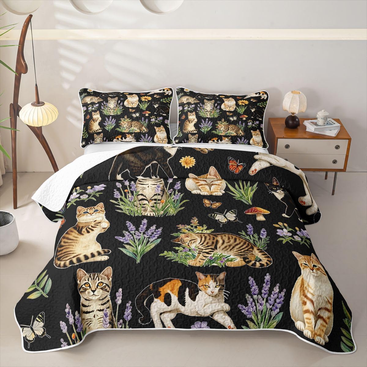 Feelyou Cute Cats Quilt Set for All Season Cute Animals Bedspread Twin Size for Kids Boys Girls Floral Print Quilted Bedding with 1 Pillowcase Coverlet Set Soft