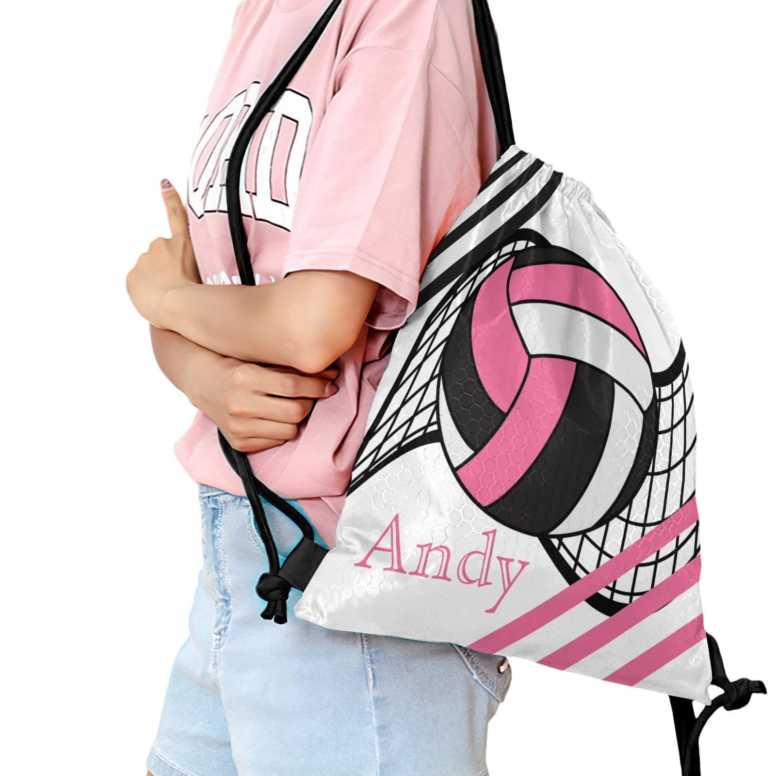 CUXWEOT Personalized Volleyball Pink Black Drawstring Sackpack Travel Backpacks Sports Lightweight Gym Bag For Men Women