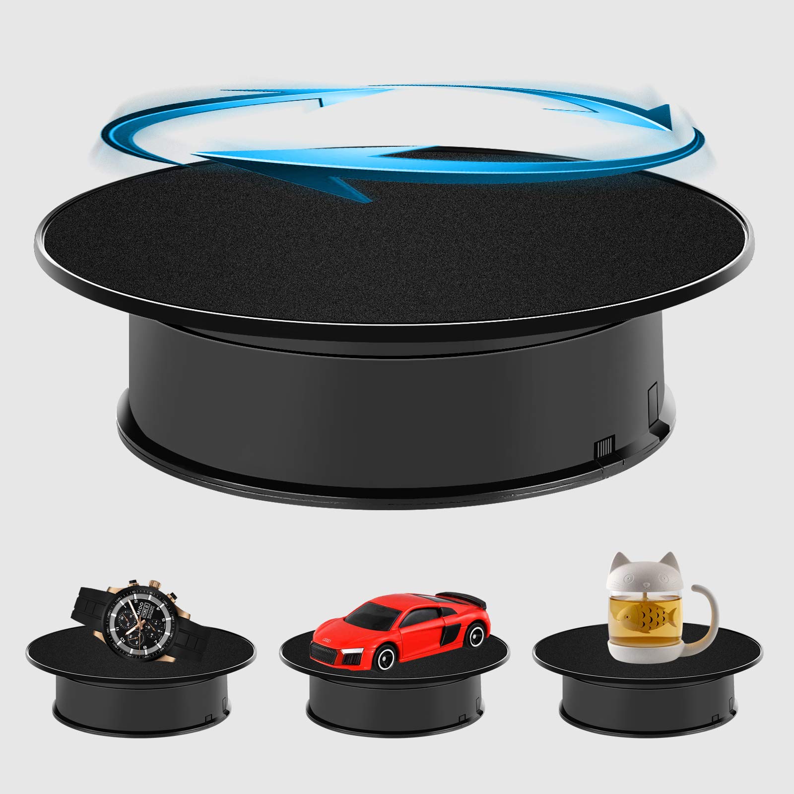 Upgrade 8" Ultra-Quiet Motorized Rotating Display Stand for Video Photography Products Display, 360 Degree Black Velvet Rotating Turntable for Jewelry 3D Models (Battery Operated, 10LB LOAD)