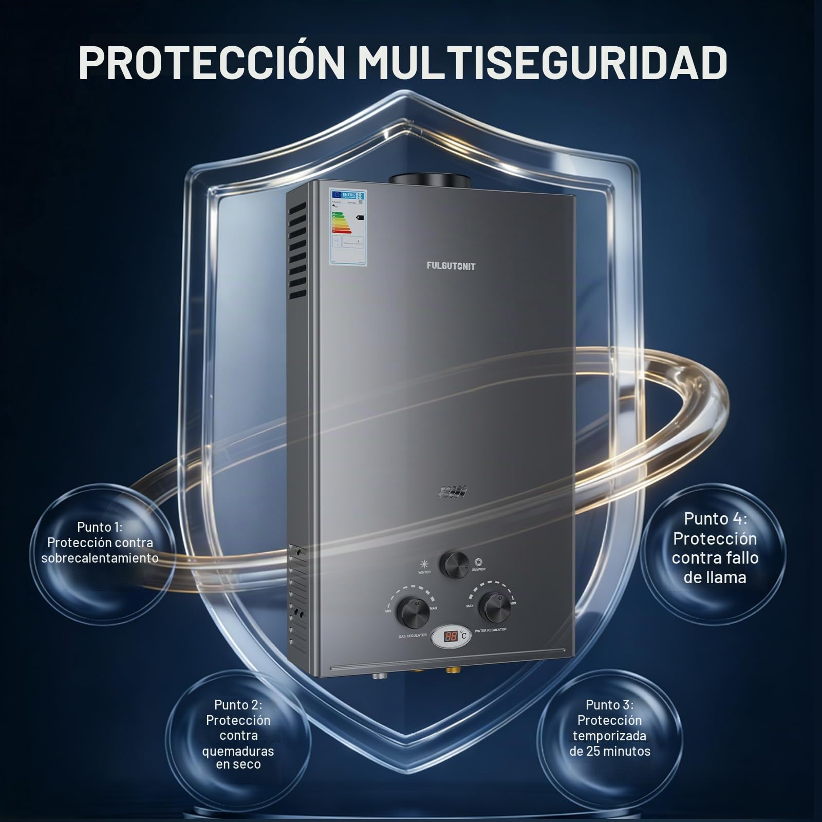 Fulgutonit Calentador de Agua Gas LPG 18L 36KW | Compatible con Propano y Butano, Arranque a Baja Presión 0.25 Bar, Protección Contra Sobrecalentamiento