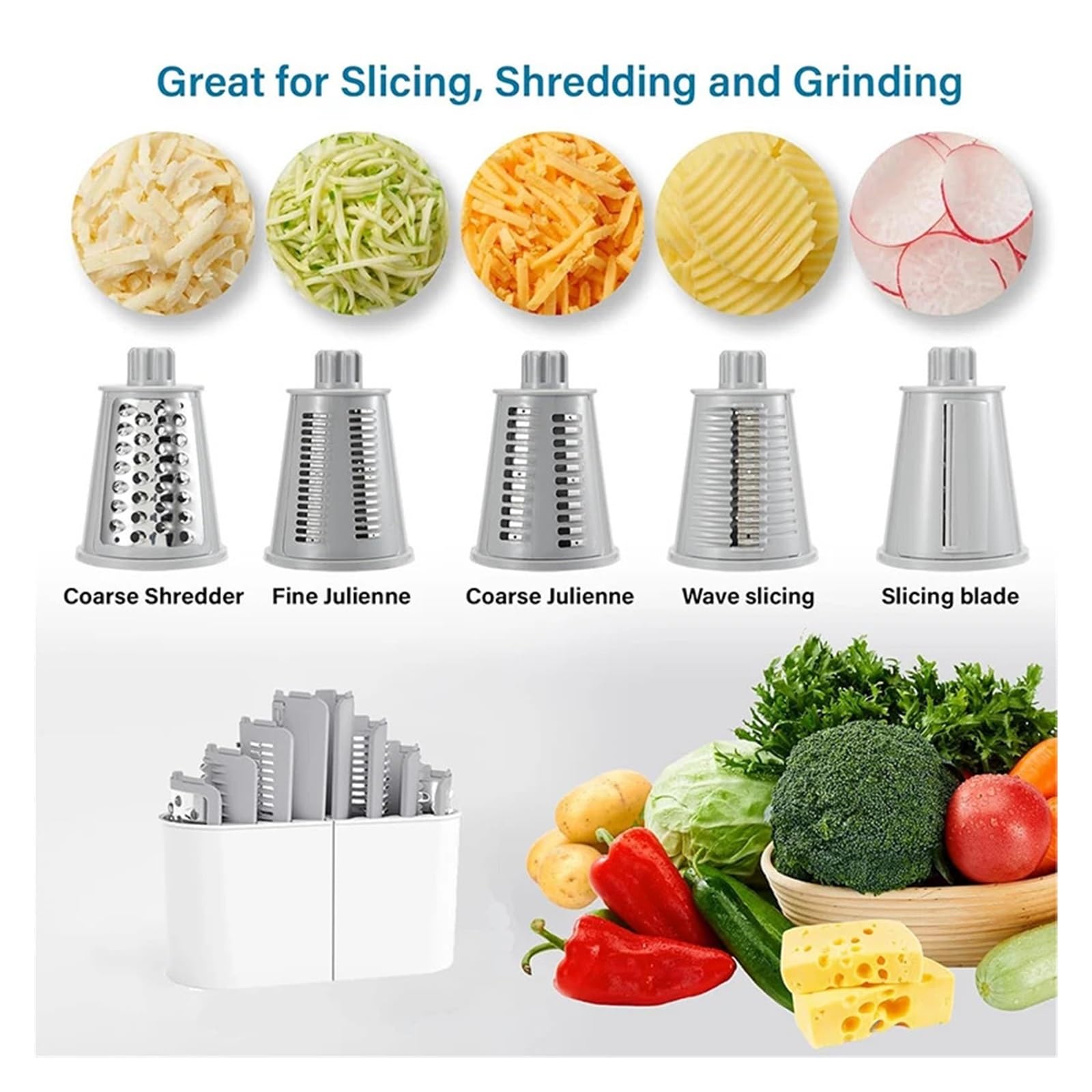 Generisch 5-in-1-Käsereibe, Schredder, Küche, Mandoline, Gemüse, Julienne-Schneider, Waffel(White)