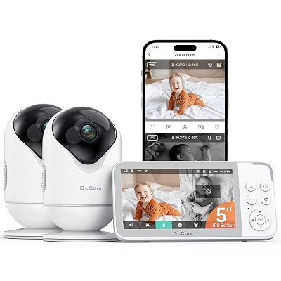 Dr.Care VistaView Monitor de Bebé WiFi 1080P, Cámara 2K, Visión Nocturna HD, Alertas de Llanto y Movimiento, Batería 5000mAh, Comunicación Bidireccional,Alcance 390m (Monitor 5" con 2 Cámaras)