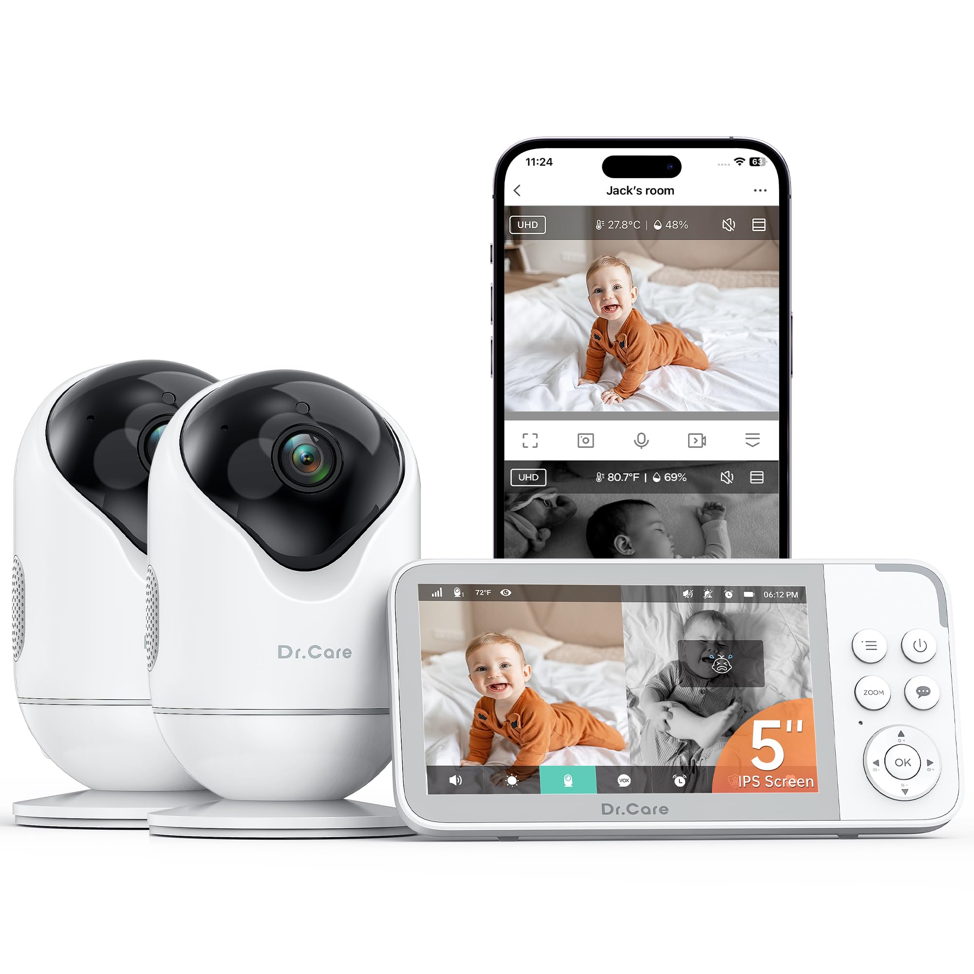 Dr.Care VistaView WiFi Baby Monitor 1080P, 2K Camera, HD Night Vision, Crying and Motion Alerts, 5000mAh Battery, Two-Way Communication, 390m Range (5" Monitor with 2 Cameras)