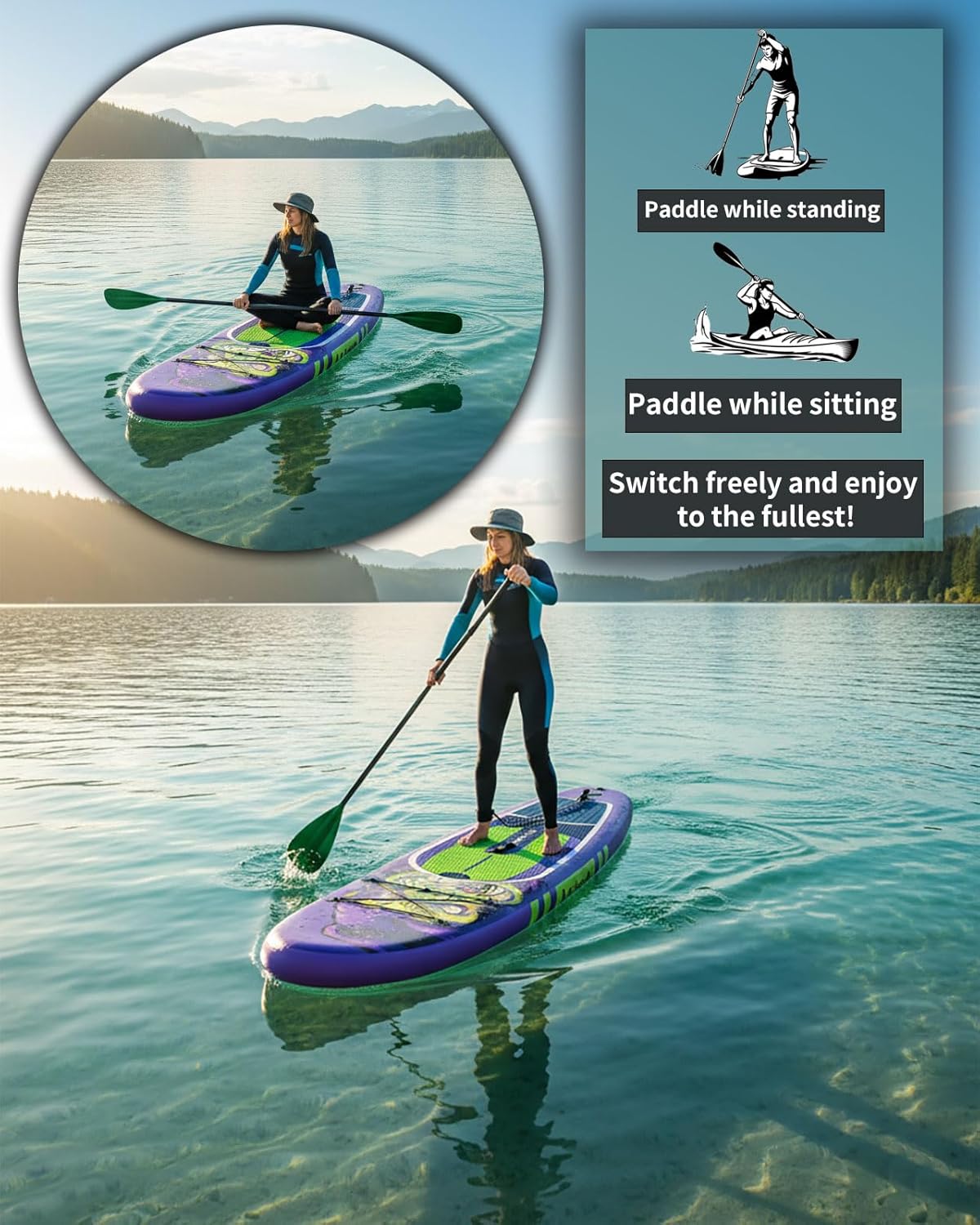 Inflatable Stand Up Paddle Board – Seat-Equipped SUP with Convertible Dual-Head Paddle, Premium Accessories, Anti-Slip EVA Deck, Ultra-Stable for All Skill Levels