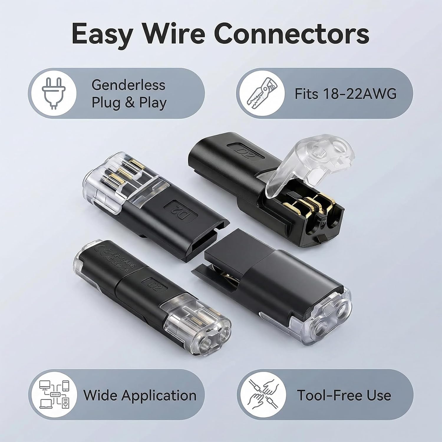 44Pcs Double Wire Plug in Connector,LED Light Strip Low Voltage Connectors 2 Pin,Quick Splice Wire Wiring Connector for AWG 18-22,No Wire Stripping Cutting image 2