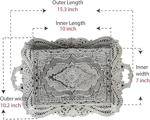 Miniatura 3 de Manijas plateadas de bandeja de té turco para servir café, bandeja plateada decorativa, bandeja de metal para servir, centro de mesa para fiesta,