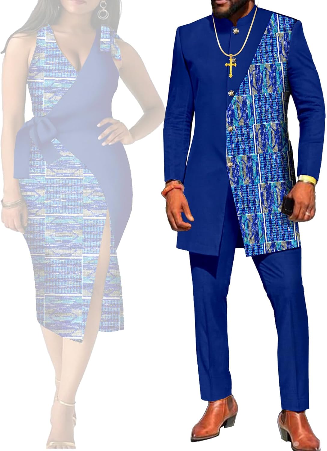 African Couple Outfits Matching Sets Ankara Women Wrap Dress Kente Clothes or Dashiki Men Suit