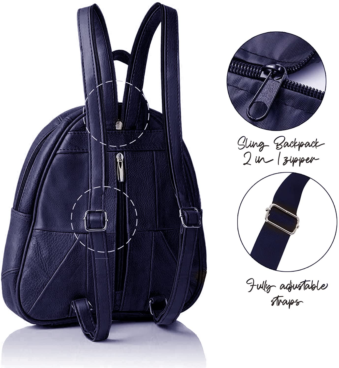 Woodland Leathers Modischer Damenrucksack, klein, schwarz, mit Anti-Diebstahl-Reißverschluss und Handtaschengriff, 2-in-1-Sling-Rucksack