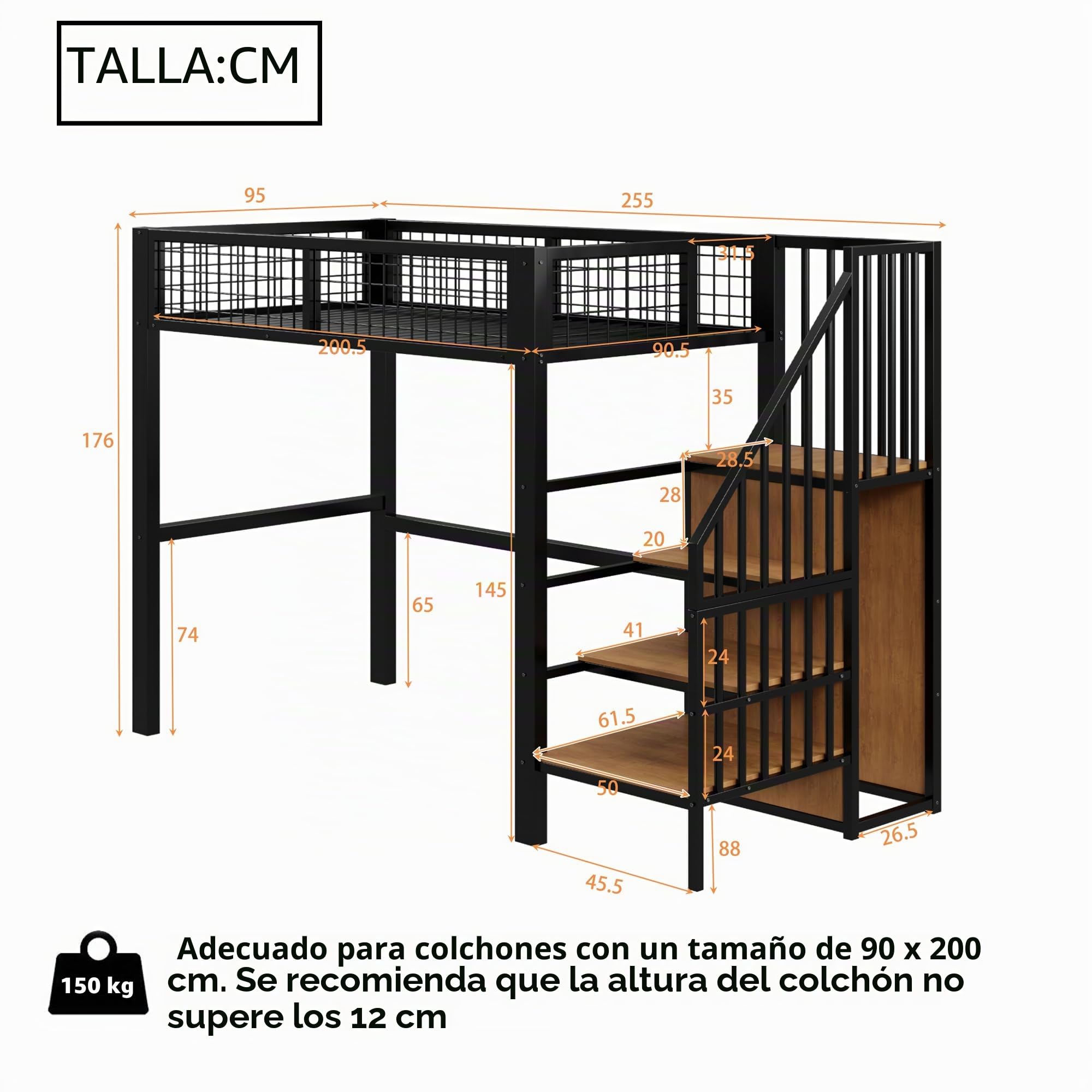 Azkoeesy Cama Alta con Escalera de Almacenamiento y Armario, 90 x 200 cm, para Adolescentes y Adultos, Marco de Hierro, con Rejilla y somier, Color Negro (Negro, 90x200 cm)