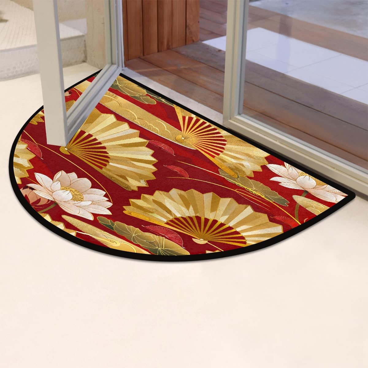 Half Round Door Mat Japanese Flower Abstract Fan Half Moon Rug Washable Half Circle Area Rugs Indoor Entrance Non Slip Semi Circle Bathroom Rugs Floor Carpet for Kithen Bedroom Fireplace Decor
