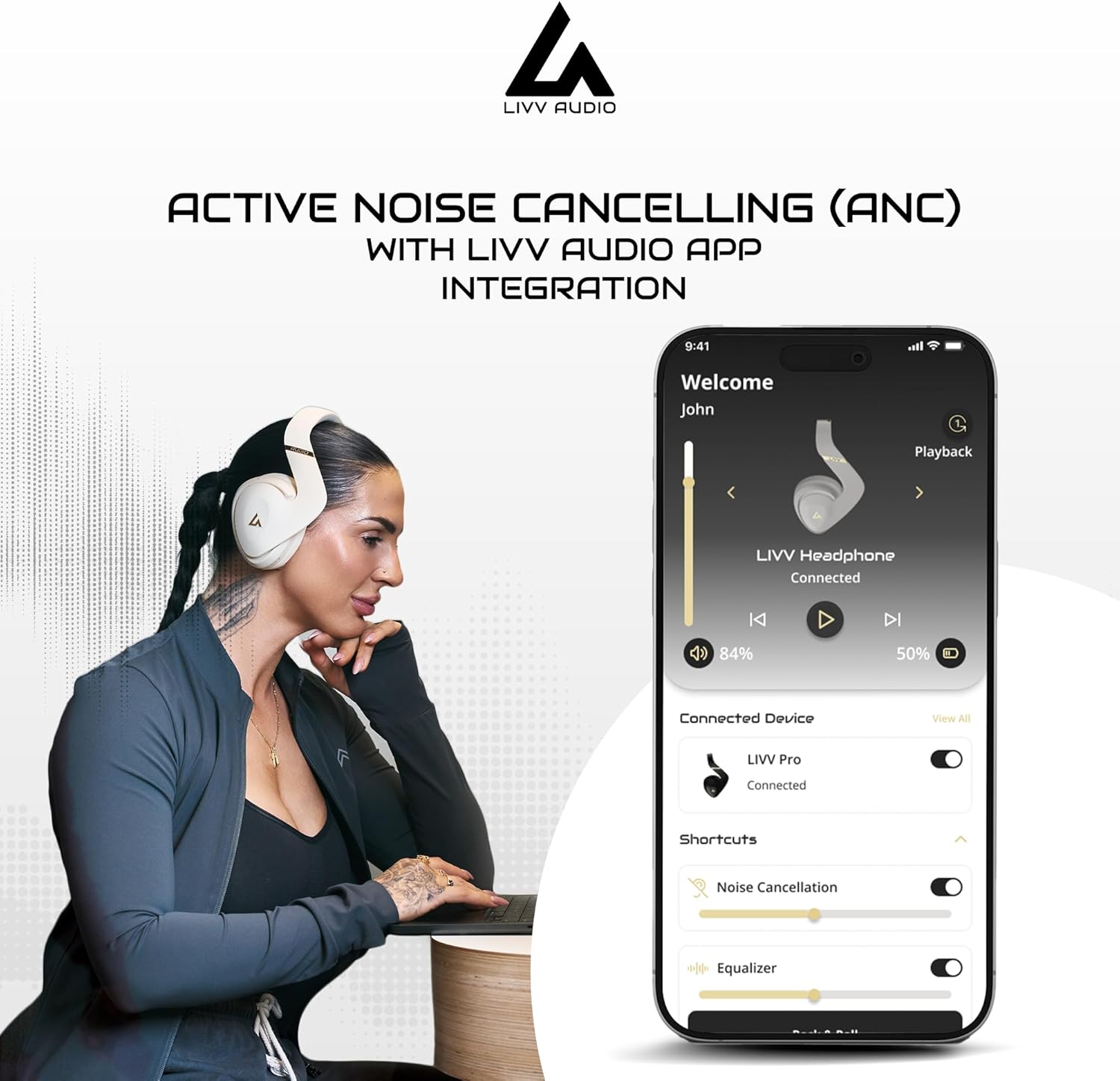 LIVV PRO Sports Headphones Designed for Gym, Workout, Running - Comfortable, Ergonomic, Over Ear, Active Noise Cancelling, 5 Microphones, Wireless, 50 Hours Battery Life, Bluetooth 5.3, Matte Black - Image 3