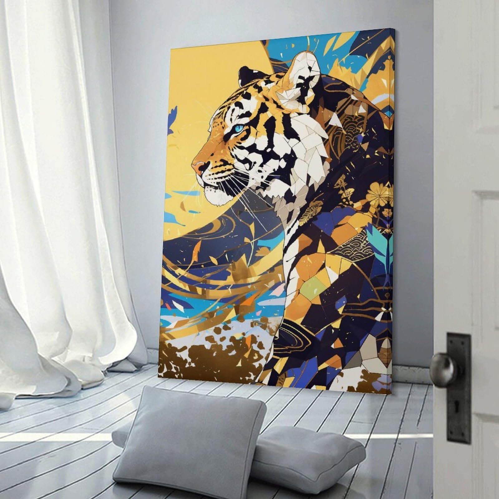 Junmoney Wall Decor Canvas Print Abstract Tiger Art with Geometric Patterns, 24x36inch(60x90cm), for Study, Office Or Apartment Decor, Canvas Artwork with Gifting Potential