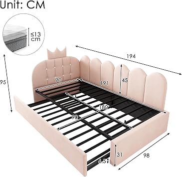 3ft Daybed Single Bed Frame, 90x190 cm, Velvet, Pink, No Mattress