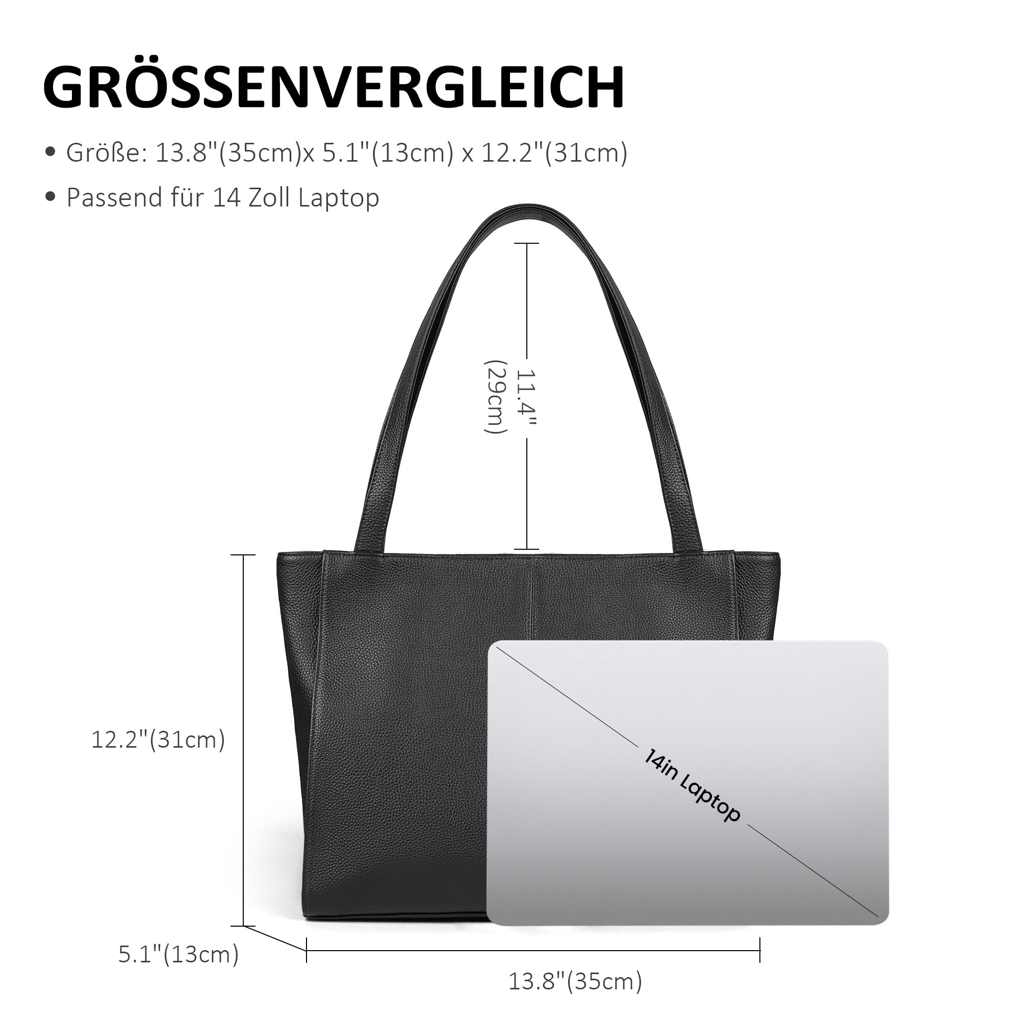 befen Echtleder Handtasche Damen Groß Shopper Tasche mit 14 Zoll Laptopfach, Mode Leder Tote Bag Schule Arbeit Freizeit Henkeltasche mit Reißverschluss