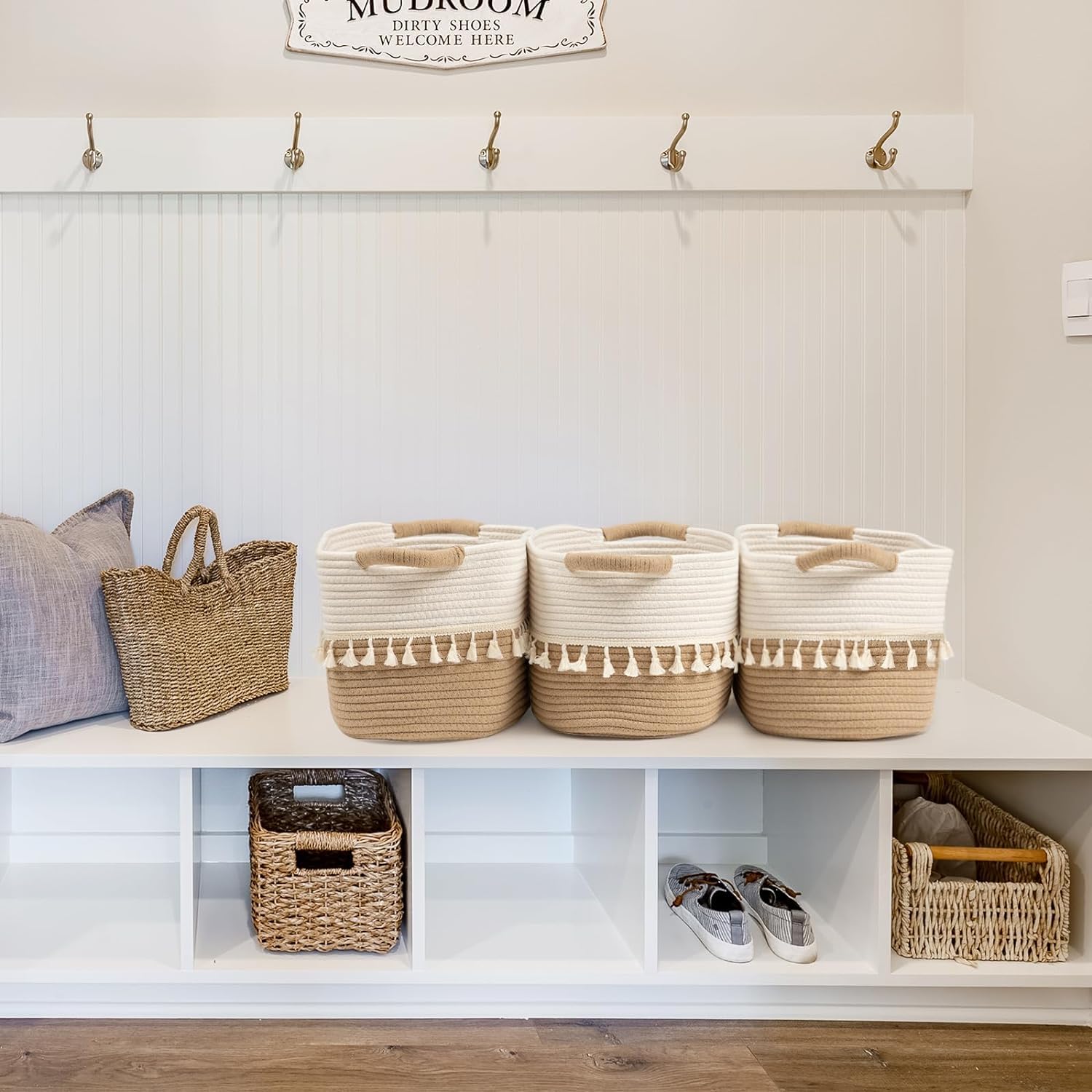 TeoKJ Juego de 3 contenedores de almacenamiento tejidos, cesta de cuerda de algodón para almacenamiento, cesta de almacenamiento de ropa para organizar y almacenar, White&Jute