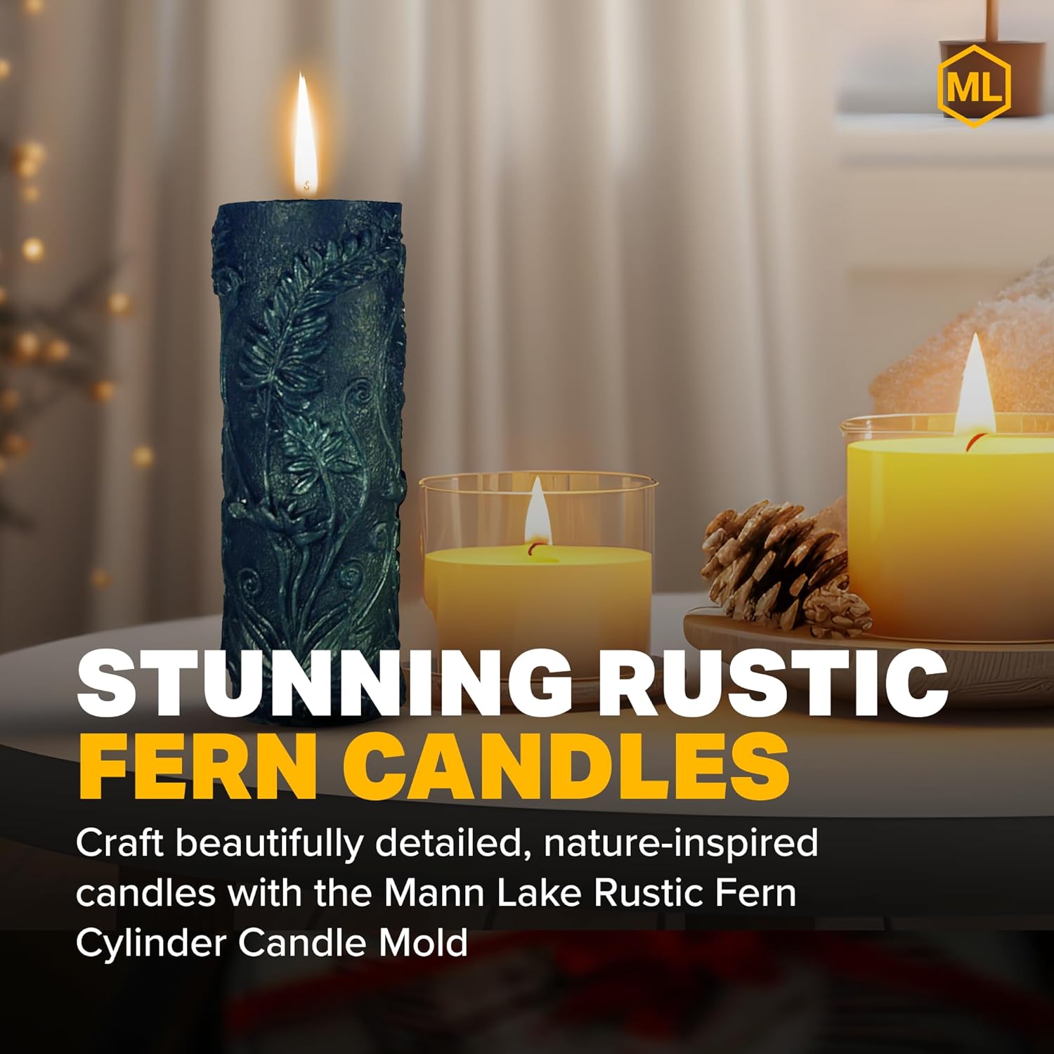 Mann Lake Rustic Fern Cylinder Candle Mold, Reusable Easy Release Flexible Mold with Artisan Botanical Leaf Pattern for DIY Handmade Candle Making, Rustic Vintage Natural Aesthetic Candle Projects