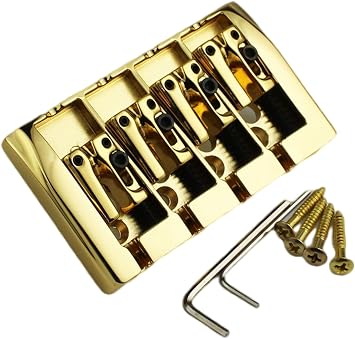 Guyker Bass Guitar Bridge, 4 String Fixed Bridges String Space 19mm Replacement for Jazz Bass or Precision Instruments GB404, Gold