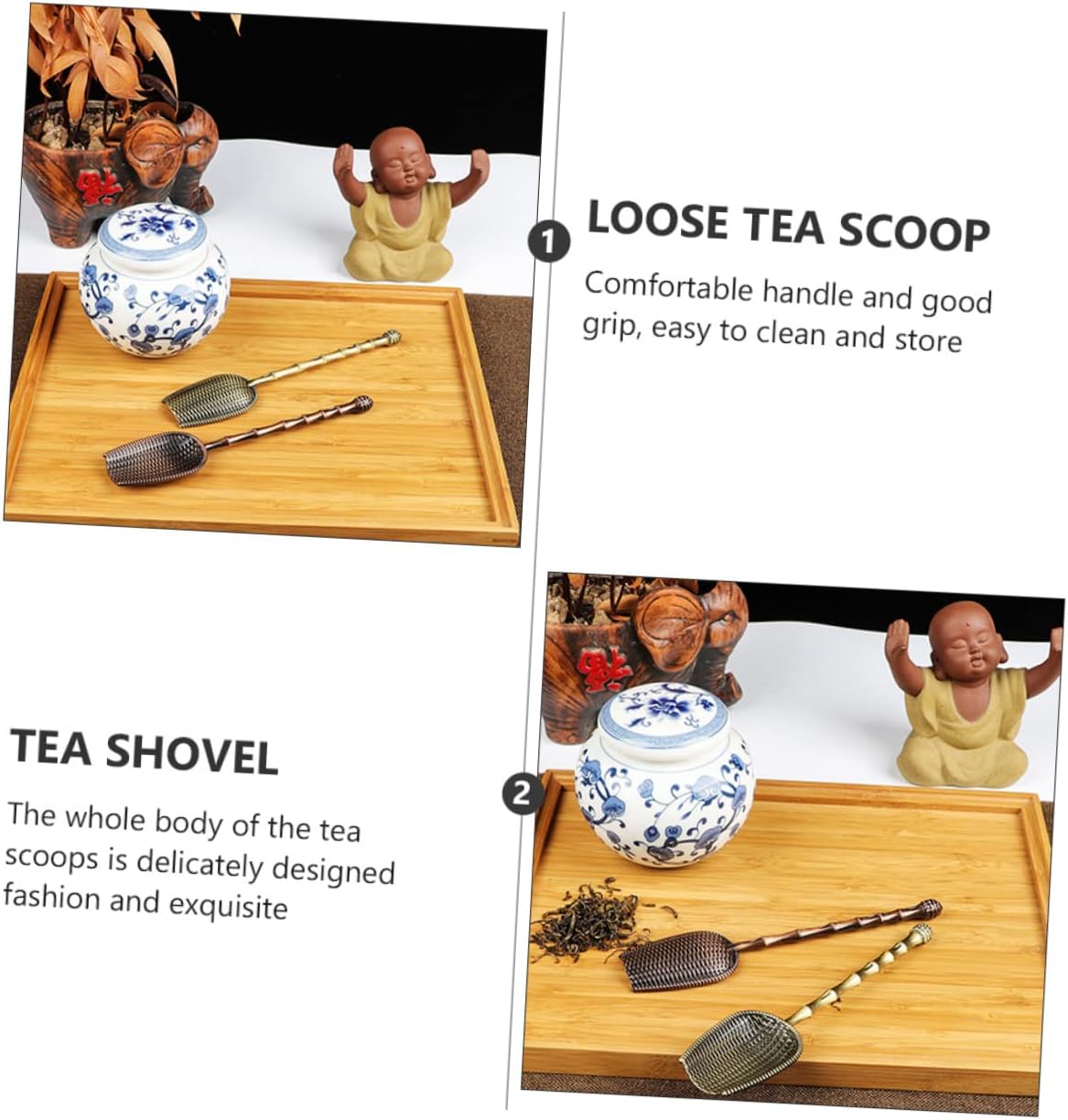 Unomor 2Pcs Metal Tea Shovels with Long Handles Elegant Tea Scoops for Loose Leaf Tea for Home Office and Tea Shops Design