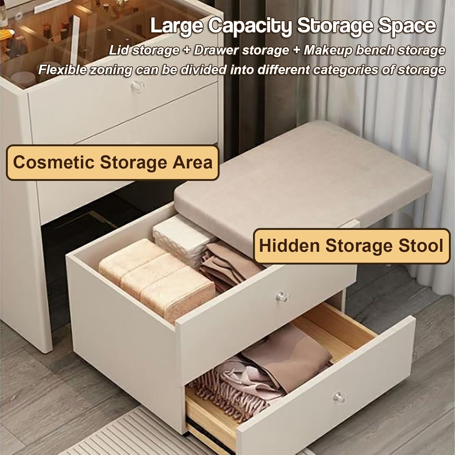 Small Vanity Set - Makeup Vanity Table with USB Charging Station & Speaker, Vanity Desk with Mirror and Lights Dressing Table Makeup Vanity Drawers and Storage Stool Make Up Desk,Gray,19.7"×15.