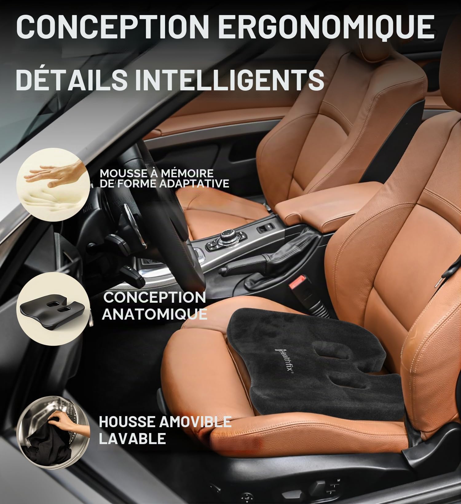 Healthfix® Coussin de siège Voiture – Coussin d’Assise Ergonomique en Mousse à mémoire de Forme | Soulage Coccyx & sciatique, améliore la Posture | Housse Lavable, Dessous antidérapant
