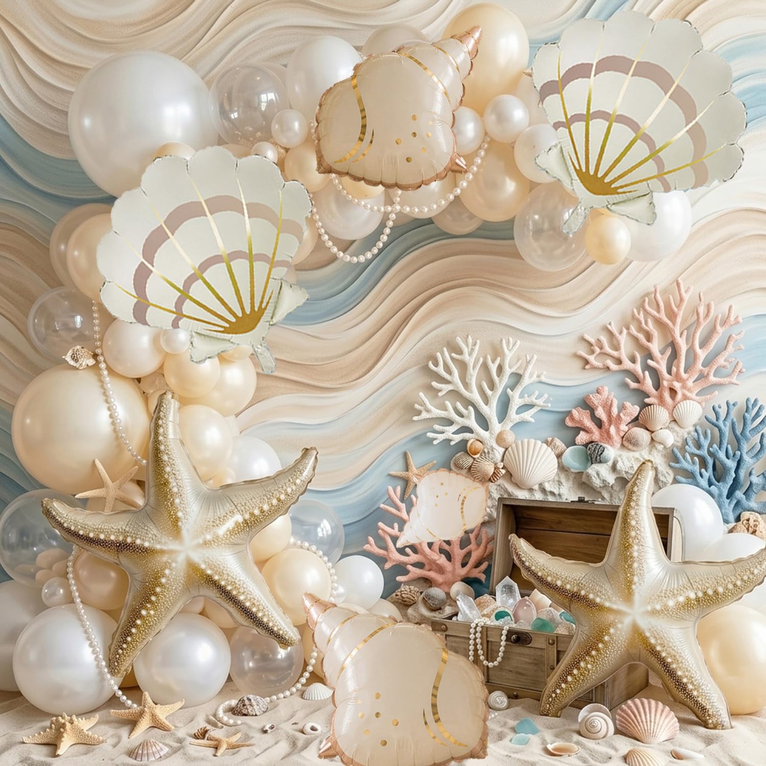 6 Pack Champagne Seashell Balloon Set, Starfish, Seashell & Conch Foil Balloons for Under the Sea, Mermaid Birthday, Beach Party, Coastal Baby Shower, Bridal Shower, Ocean Theme Decorations