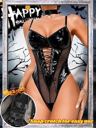 Kaei&Shi Rave Outfits Bodysuit Tops, Fishnet Corset Body Suit, Sexy Lingerie For Women, Faux Leather Festival Goth