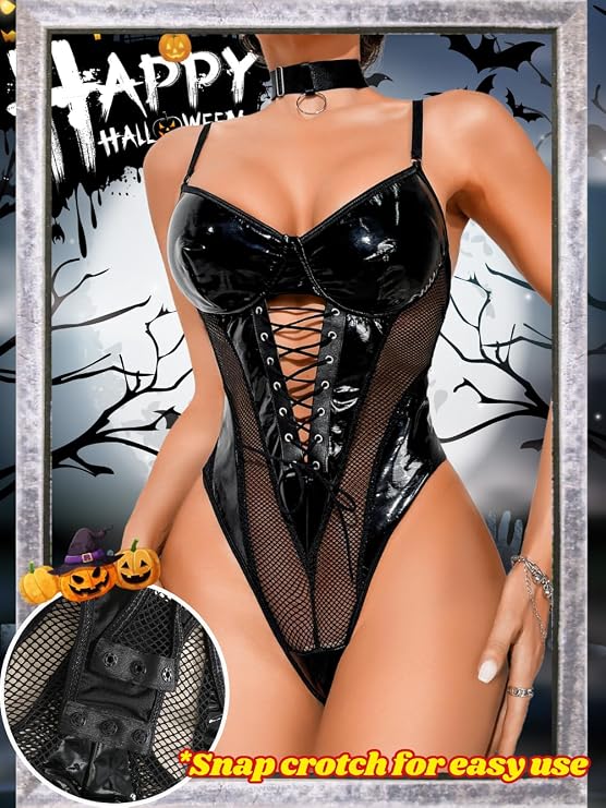 Kaei&Shi Rave Outfits Bodysuit Tops, Fishnet Corset Body Suit, Sexy Lingerie For Women, Faux Leather Festival Goth