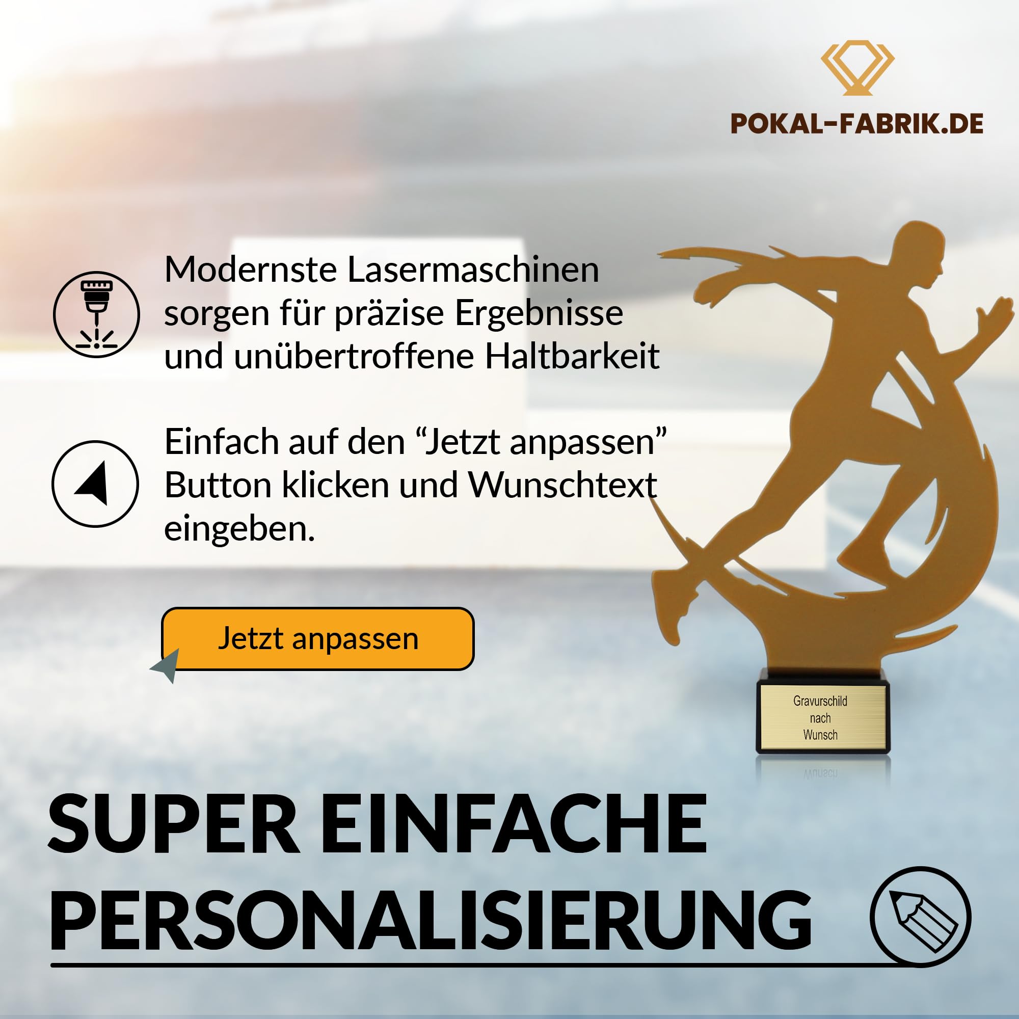 Goldene/r Läufer/in Pokal 21 cm aus Metall mit Gravur - Marathon Geschenk-Trophäe mit Metallsilhouette & Steinsockel - Personalisiertes Geschenk - Wanderpokal Laufen | Joggen