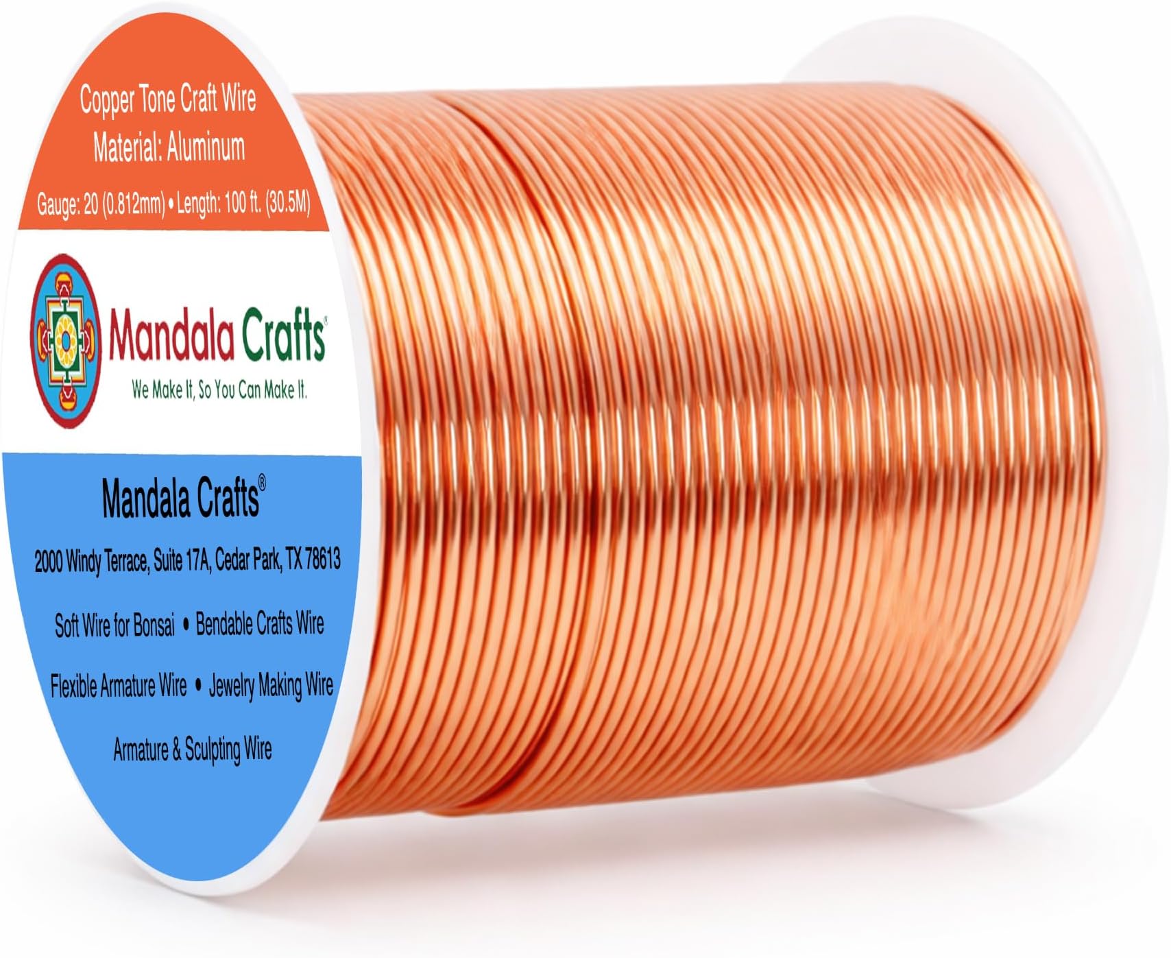 Mandala Crafts 20 Gauge Anodized Aluminum Craft Wire for Jewelry Making - 100 FT Colored Flexible Copper Tone Wire - Bendable for Bonsai Armature Crafting Sculpting