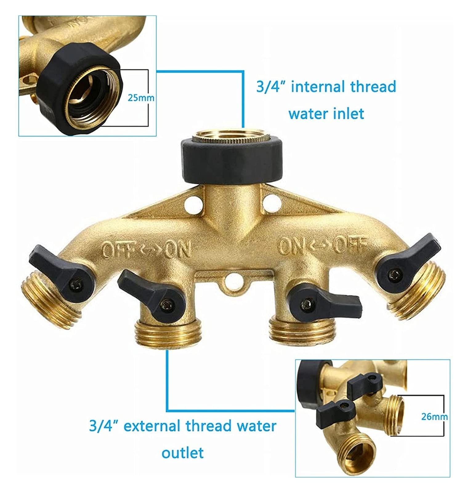 Distributore a 4 Vie per Tubi Flessibili, Sdoppiatore for Tubo in Ottone a 4 Vie, collettore for Rubinetto da 3/4 Pollici con valvole di intercettazione, Adattatore Giardino