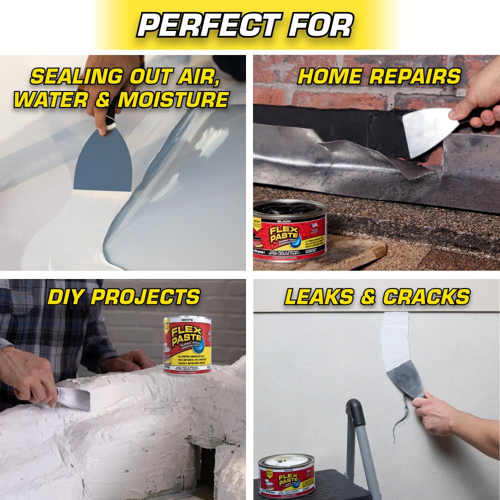 Flex Paste, Waterproof Paintable Putty, Spackle Sealant, Fill Gaps Cracks Holes - Block Out Water and Air - UV Resistant - Walls, Drywall, EPDM, Concrete, Roof, RV Repairs, Black, Quart