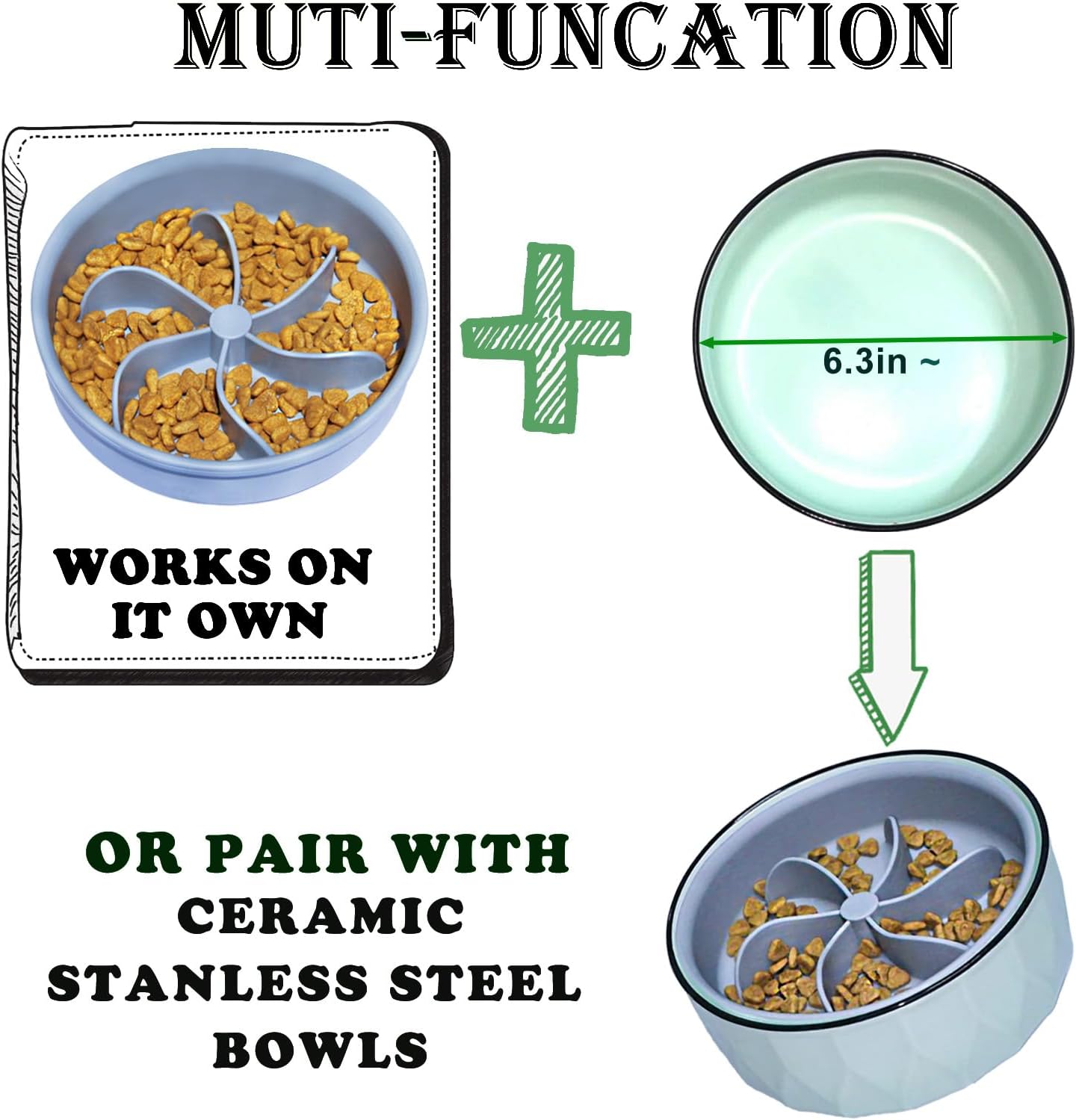 Slow Feed Dog Bowl & Cat Bowl (10 oz, Grey, Modern Silicone, Promotes Healthy Eating, Large Dogs & Cats, Multiple Pets)