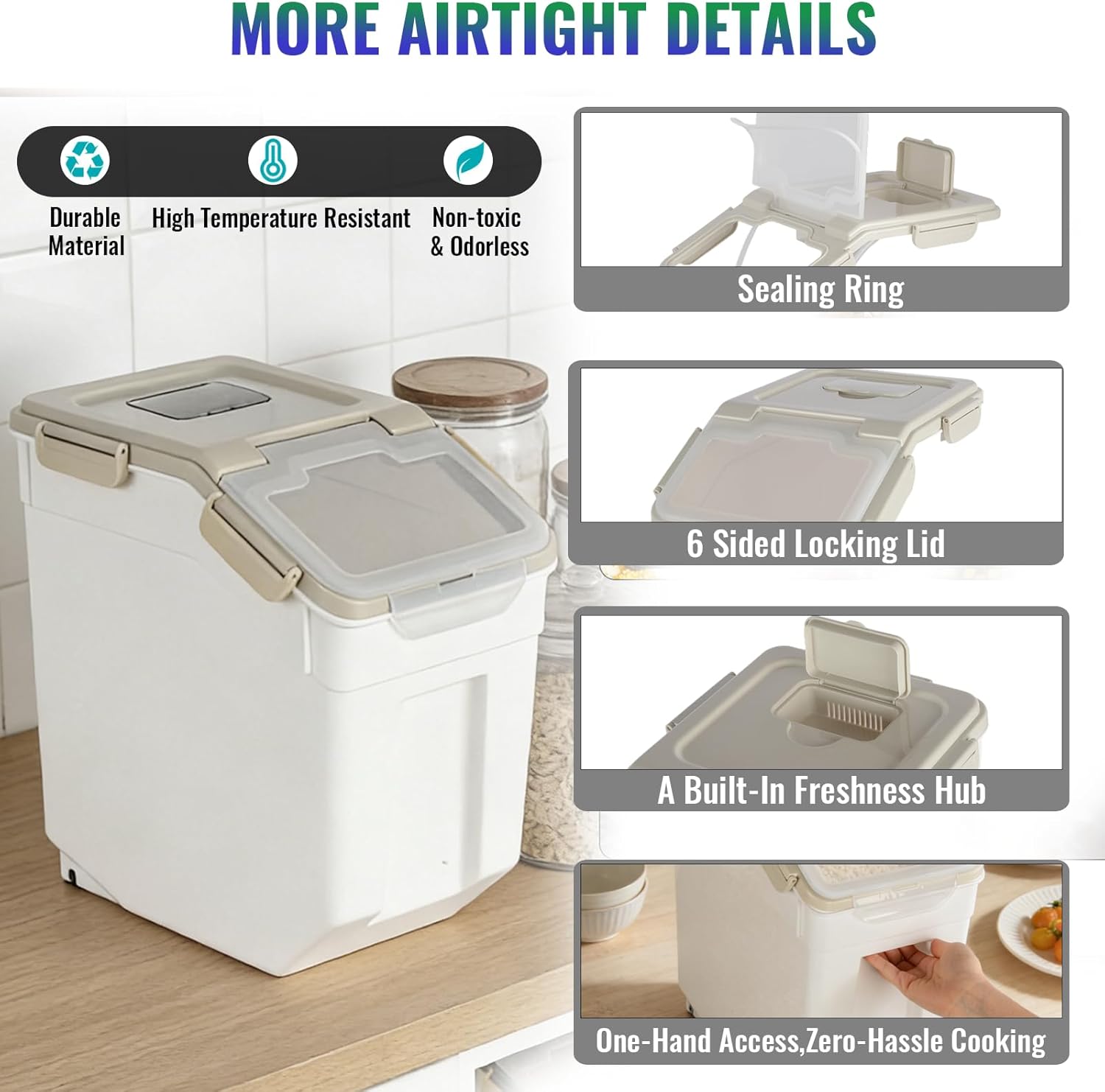 Rice Container 25 lbs Large Bulk Flour Sugar Storage Holdhouse Plastic Grain Cereal Dry Goods Bin with Spoon and Measuring Cup for Kitchen Pantry Organization - Grey