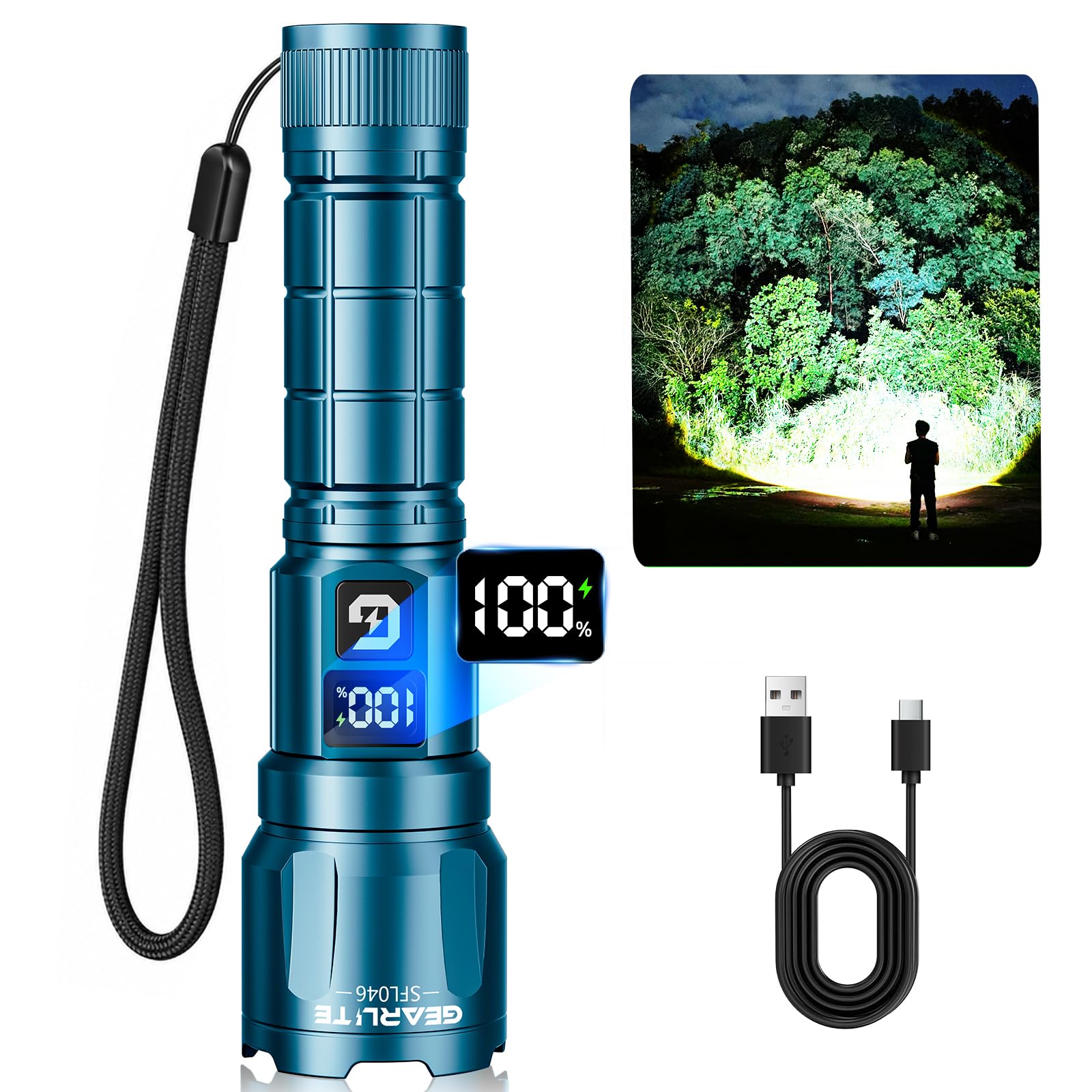 GEARLITE LED Taschenlampe Aufladbar, 6000 Lumen Extrem Helle Zoombares Taktische Taschenlampen