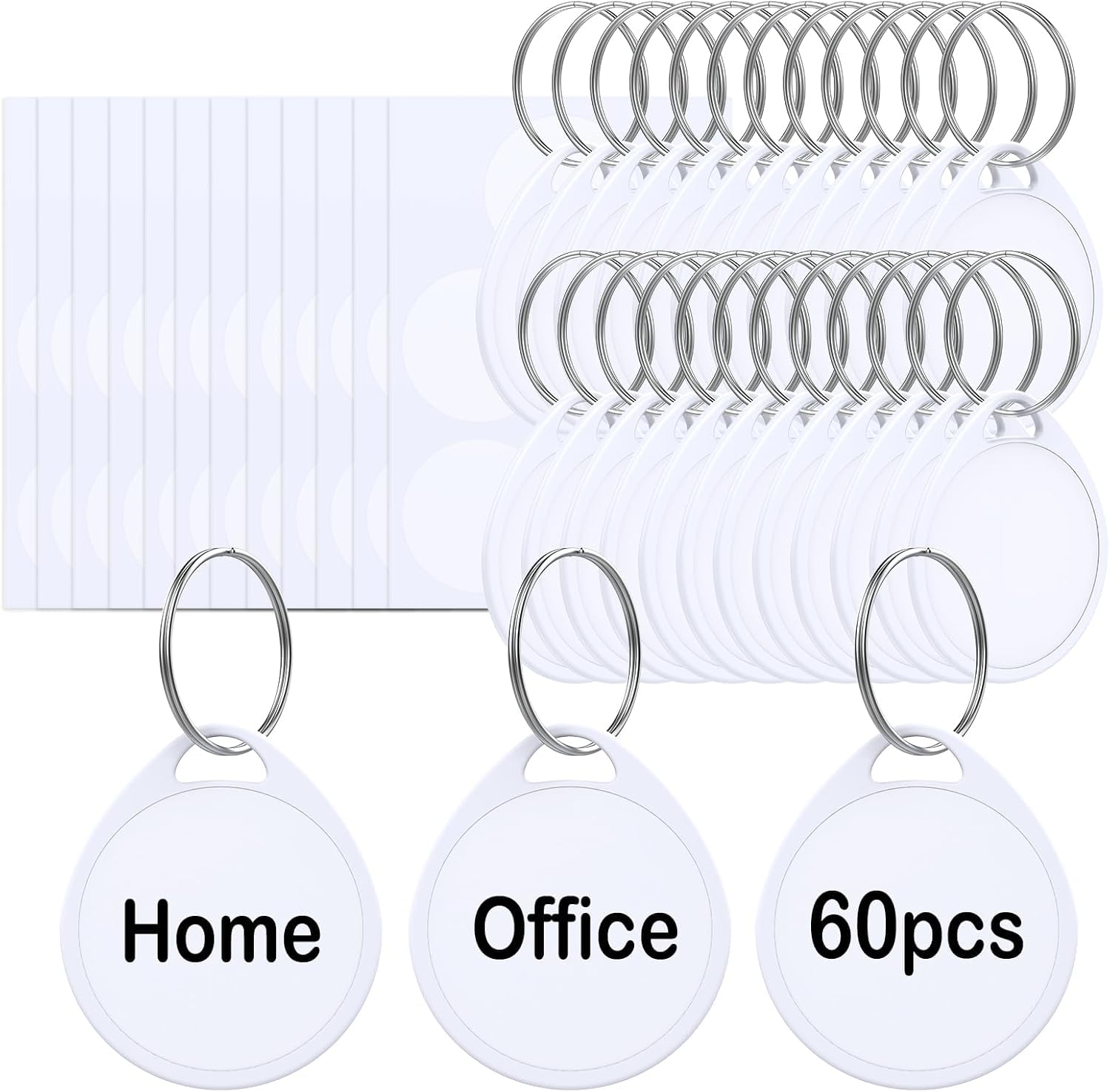 Beynant60 Pcs Key Tags 1.5 Inch Tough Plastic Reusable Key Tags Sturdy Round White Item Identifiers with Blank Paper Label Stickers and Split Rings - Ideal for Home,Office and Rental Management Use