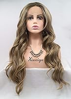 Vista 16 de xiweiya Peluca larga y rizada negra natural ondulada 1b# negro sintético con encaje frontal, resistente al calor, peluca de línea capilar natural