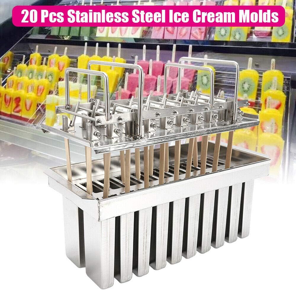 20PCS Stainless Steel Frozen Ice Cream Mo-lds Ice Cream Pop Maker Freezer Tray,Commercial Ice Cream Stick Holder Silver