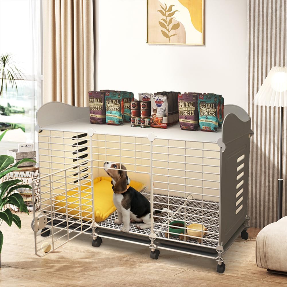 Dog Crate Furniture for Small Dogs, Dog Crate End Table 42.91 Inch with Wheels & Pull-Out Tray, Furniture Style Indoor Dog Kennel, Wired Plastic Pet Cage Crate for Small Medium Large Pet