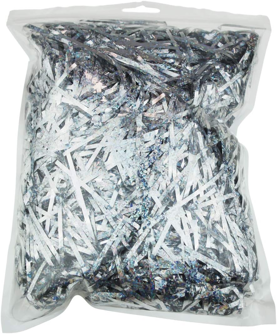 100 Grams Shiny Iridescent Film PP Hamper Shreds & Strands Shredded Crinkle Confetti for DIY Gift Wrapping & Basket Filling (Silver)
