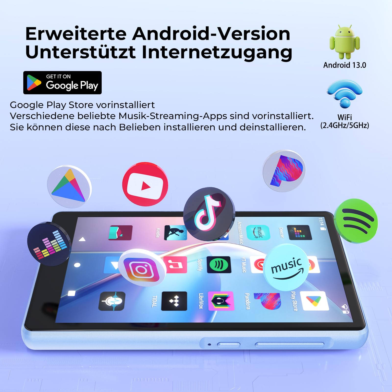 Android 13 MP3 Player Spotify mit Bluetooth und WiFi,4,5 Zoll mit 96GB | Musikplayer MP3 und MP4 Player für Kinder mit Libby, Audible und Spotify Kids,2000 mAh Akku，Erweiterbare 1-TB-Speicherkarte
