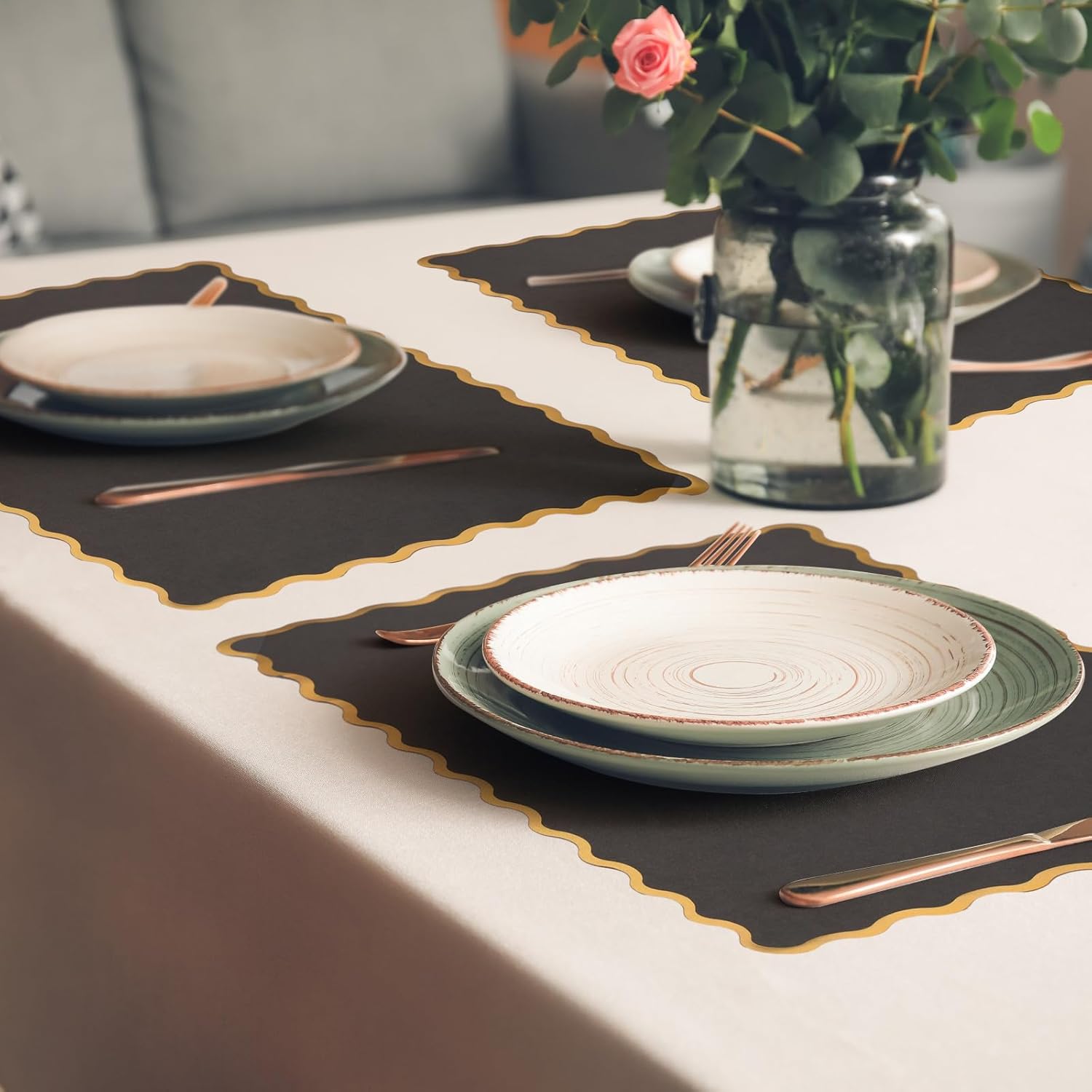 150 Pcs Disposable Paper Placemats Bulk 10"x14" Rectangle Place Mats with Scalloped Edges Dining Table Mat for Wedding Birthday Easter Party Table Decoration(Black)