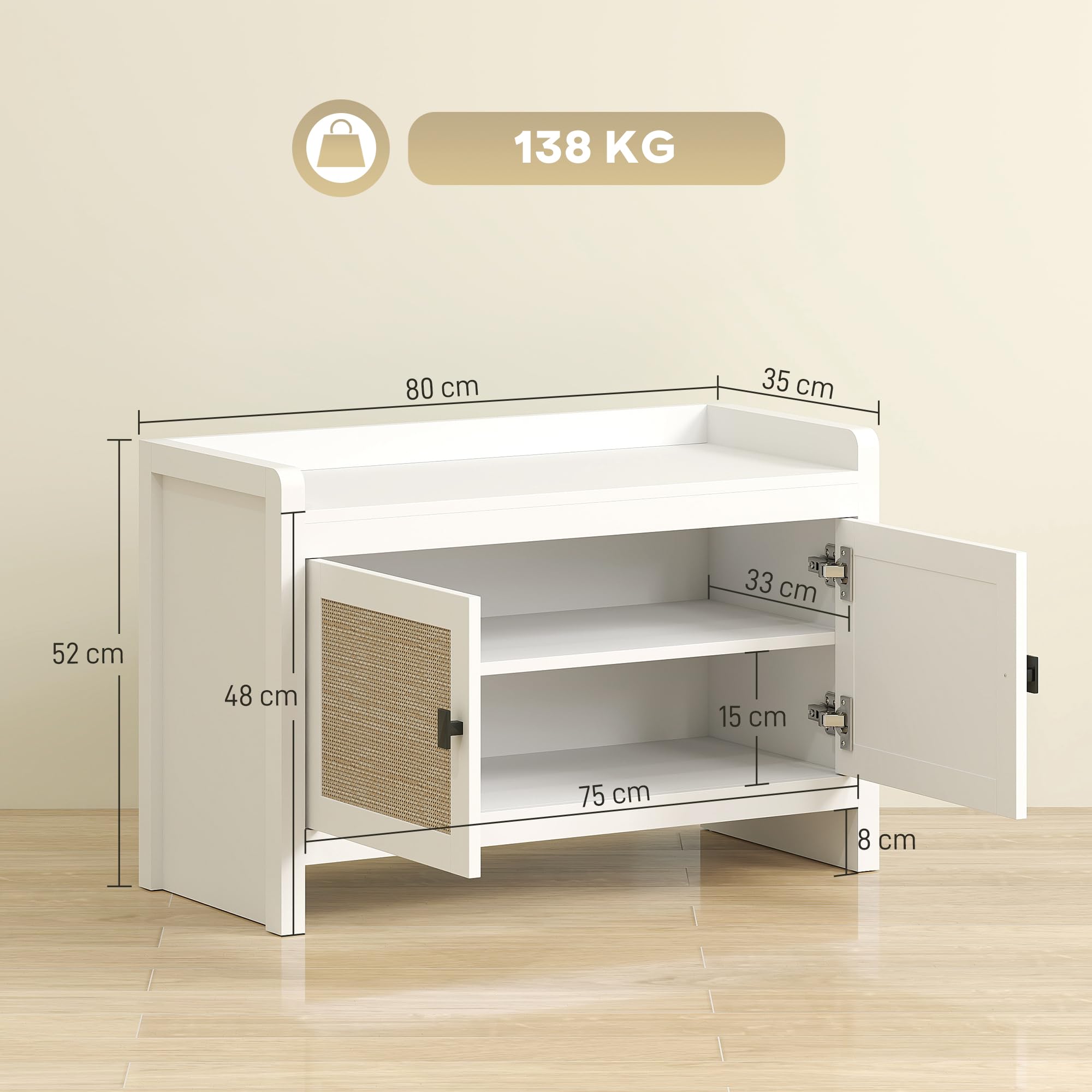 HOMCOM Banco Zapatero Bohemio Mueble Zapatero 8 Pares 80x35x52 cm Blanco | Banco de Almacenamiento con Frentes de Ratán, Puertas, Estante Extraíble, para Dormitorio o Entrada