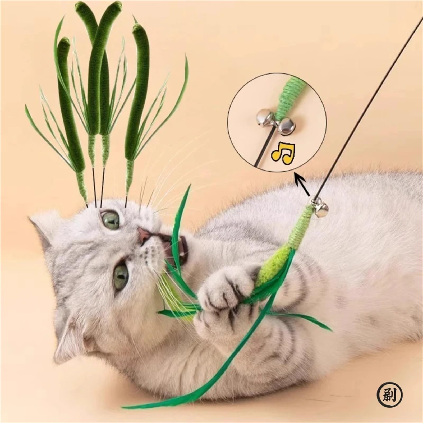 Juegos para Gatos Juguete Interactivo for Gatos con Cola de Hierba, Plumas y Salvia. Palo Largo for Jugar con Gatitos. Resistente a mordiscos y con Sonido.(Green)