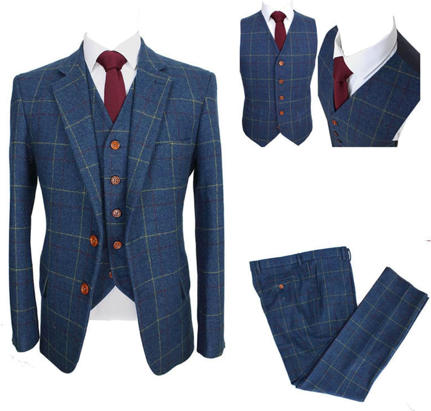 Mens Blue Suit with Yellow Grid Wool Blend 3 Pieces Check Tweed Wedding Suit Single Breasted Tailor Tuxedos