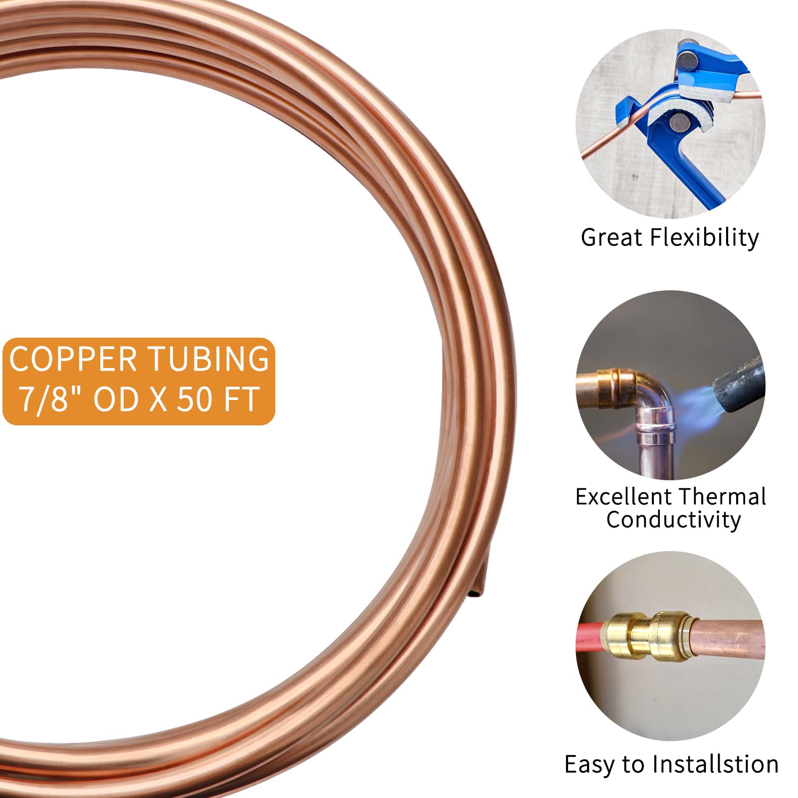 Tubo de cobre de 7/8 pulgadas de diámetro exterior x 0.8 pulgadas de diámetro interior x 50 pies, tubo de cobre puro, tubo redondo de tubería de metal, bobina de cobre, aire acondicionado