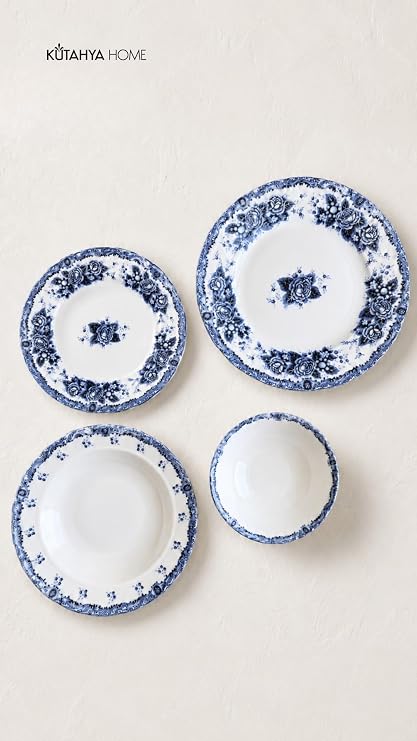 Blue Romance 24 Parça Porselen Yemek Takımı, Mavi Çiçekli, Kütahya HOME | 6 Kişilik Set, Bulaşık Makinesinde Yıkanabilir, Türkiye Menşeli, Yuvarlak Tasarım, Özel Kutulu Gönderim