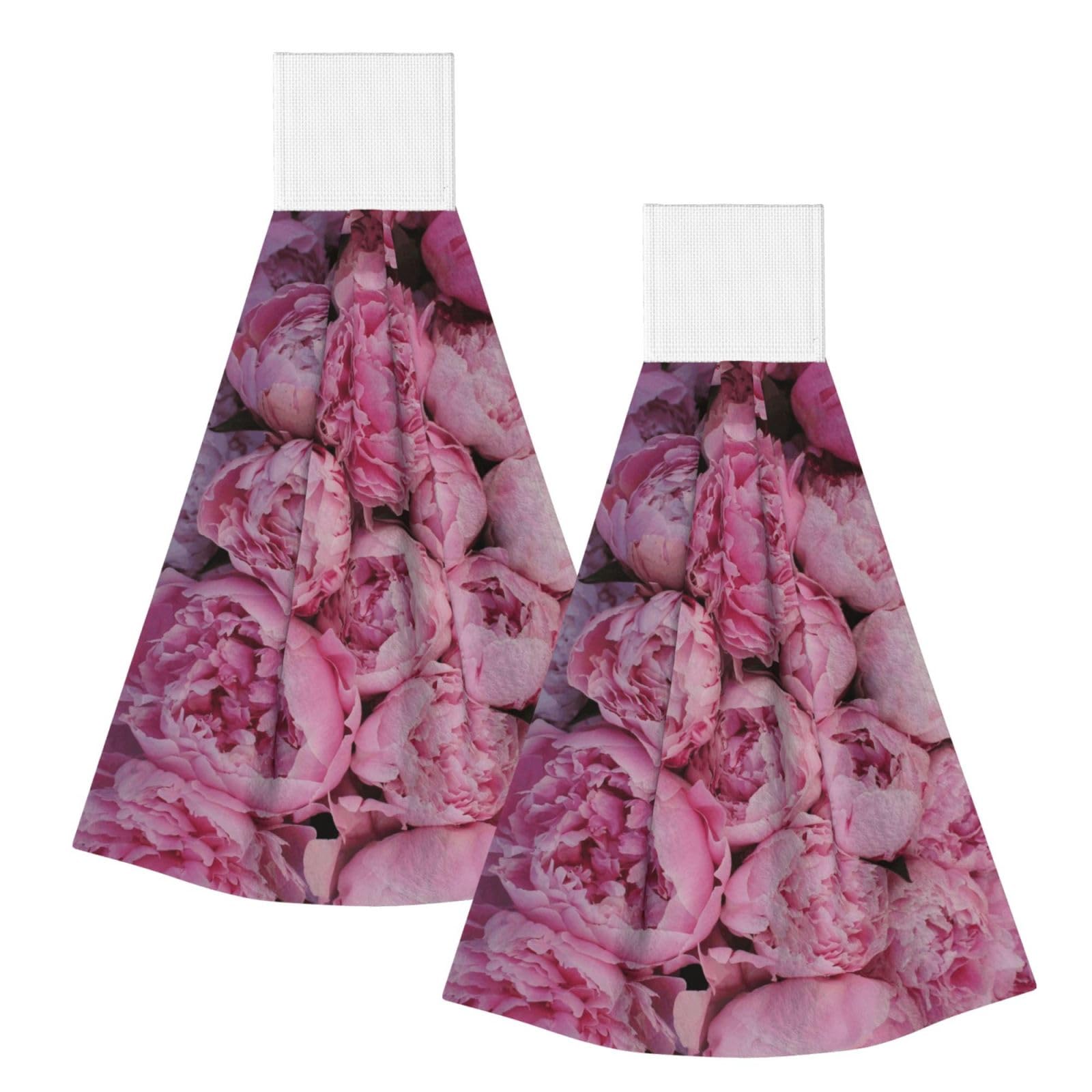 DOPKLNA Pink Peony, 2 Pcs Hanging Coral Fiber Hand Towels for Bathroom, Absorbent Kitchen Towels