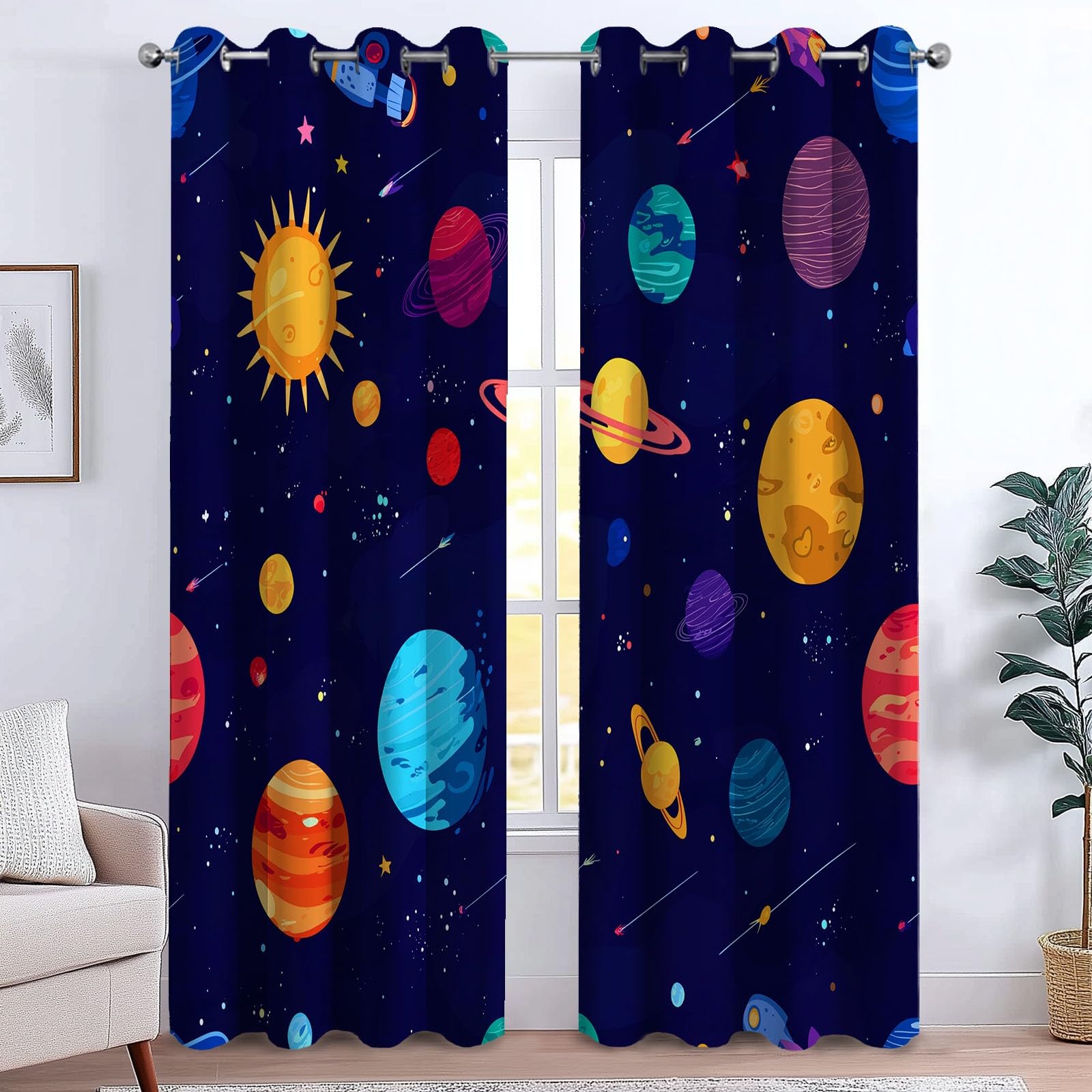 Genérico Cortinas con Estampado de Lindo Dibujos Animados Planetas, (91.5 An x 214 Al cm) Cortinas Azul Oscuro con Ojales para Ventanas Ideales para Salón Dormitorio o Comedor - 2 Piezas